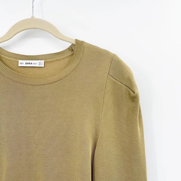 Zara Knit Cropped Sweater Gold Size M Long Puff Sleeve Pullover Crewneck Cotton - Picture 2 of 10